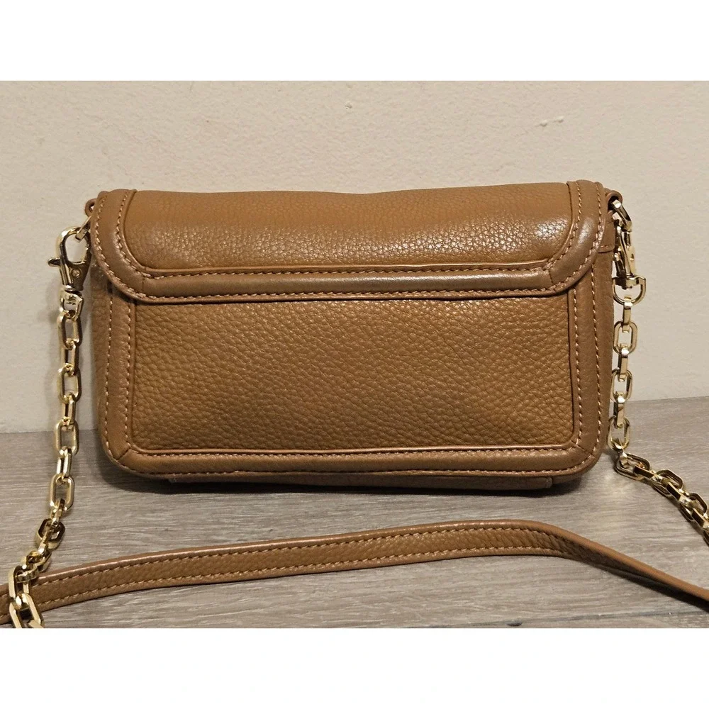 Tory Burch Amanda Tan Pebbled Leather Crossbody Bag Clutch Gold Logo